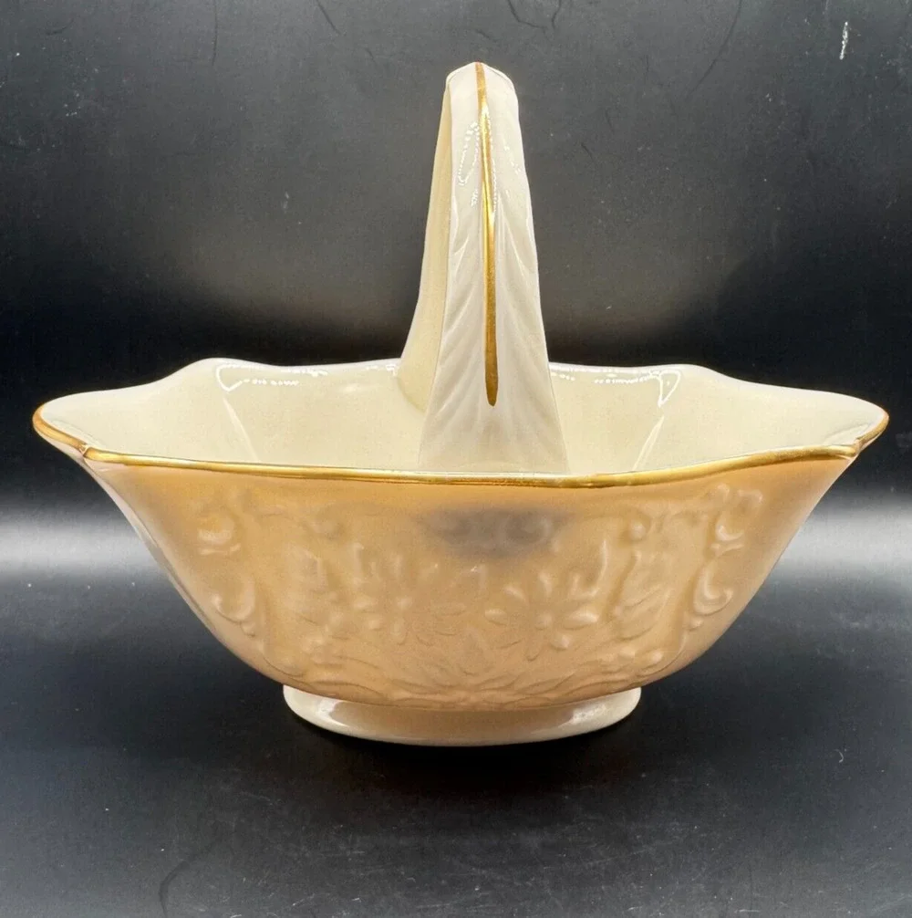 Vintage Lenox Sans Souci 24k Gold Trim Small Porcelain Floral Basket 6